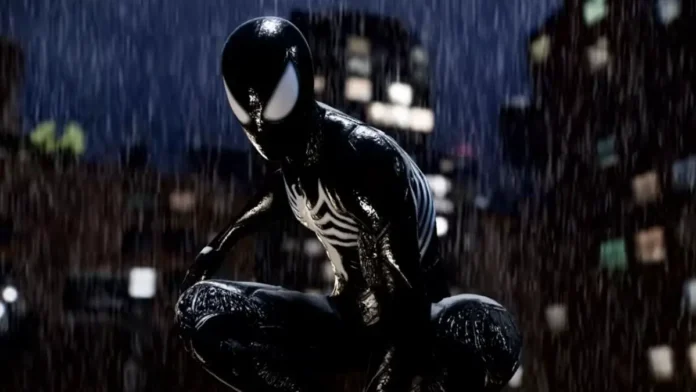 Close-up of black suit Spider-Man surveying New York