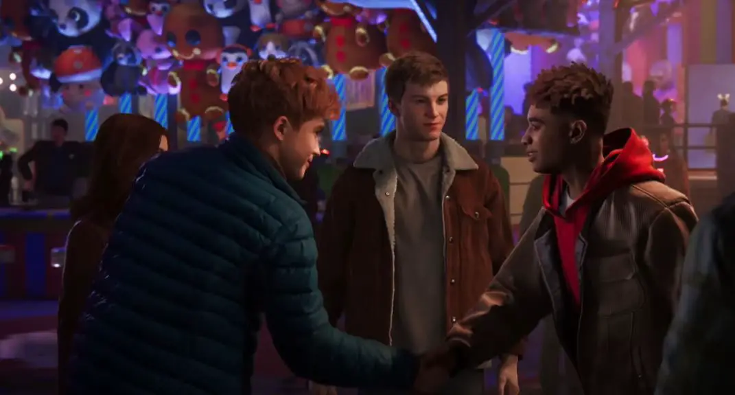 Harry Osborn and Miles Morales shaking hands in front of Peter Parker