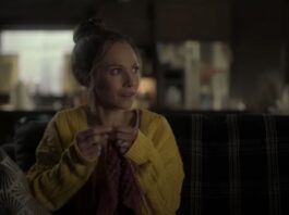 Dorothy Lyon looking off camer as she knits from Fargo