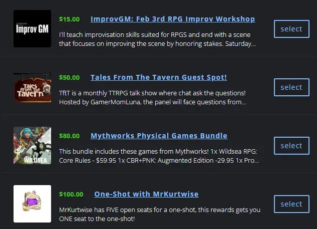 Improv GM Workshop for $15
Tales from the tavern guest spot $50
Mythworks Physical Games Bundle $80