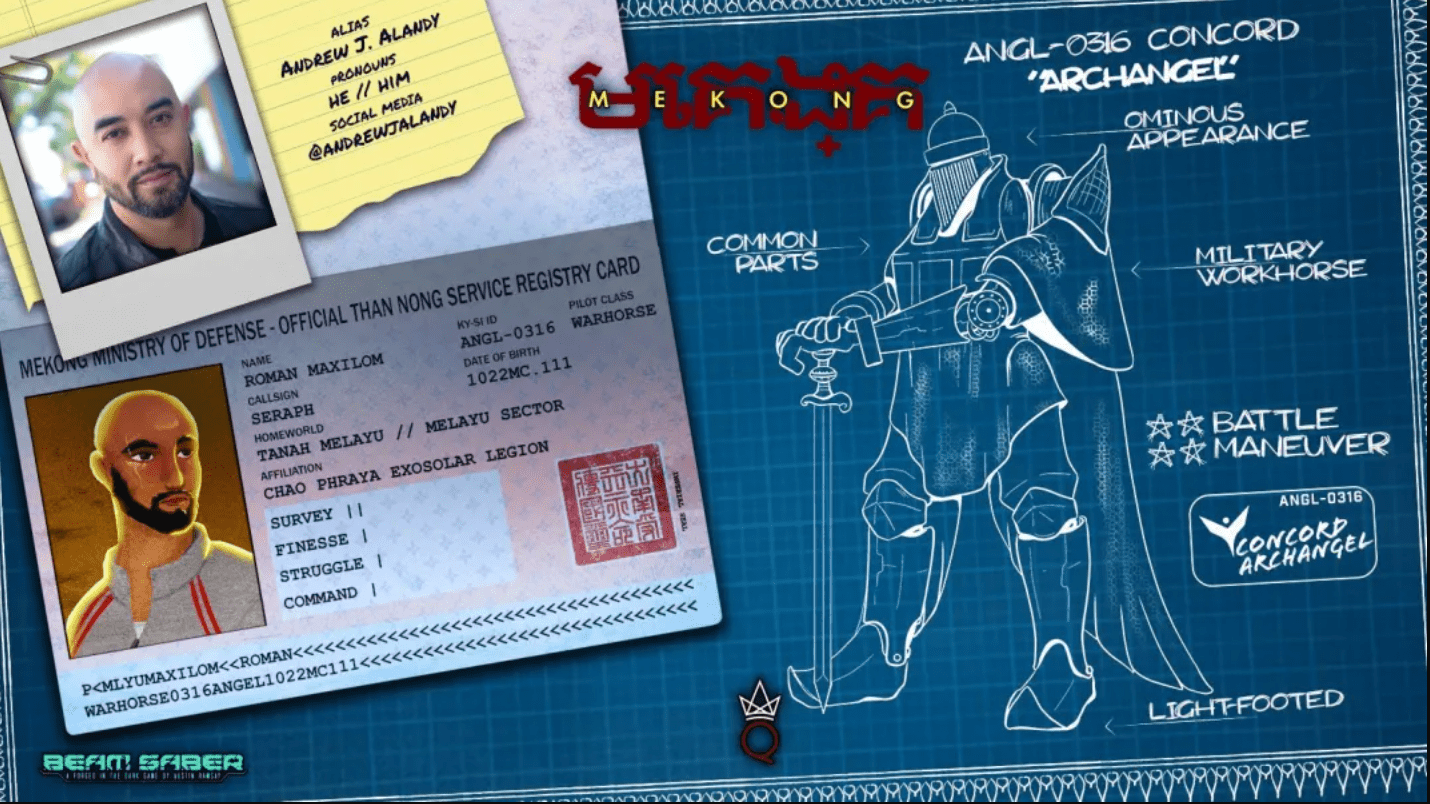 photo of Andrew, a bald person on top of a passport with the character's information, and a sketch of their mecha and call sign