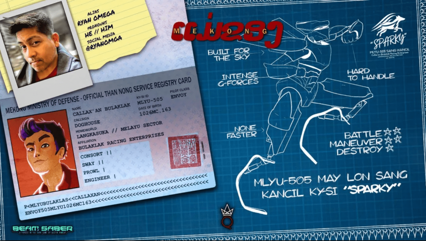 photo of Ryan, a black haired person on top of a passport with the character's information, and a sketch of their mecha and call sign
