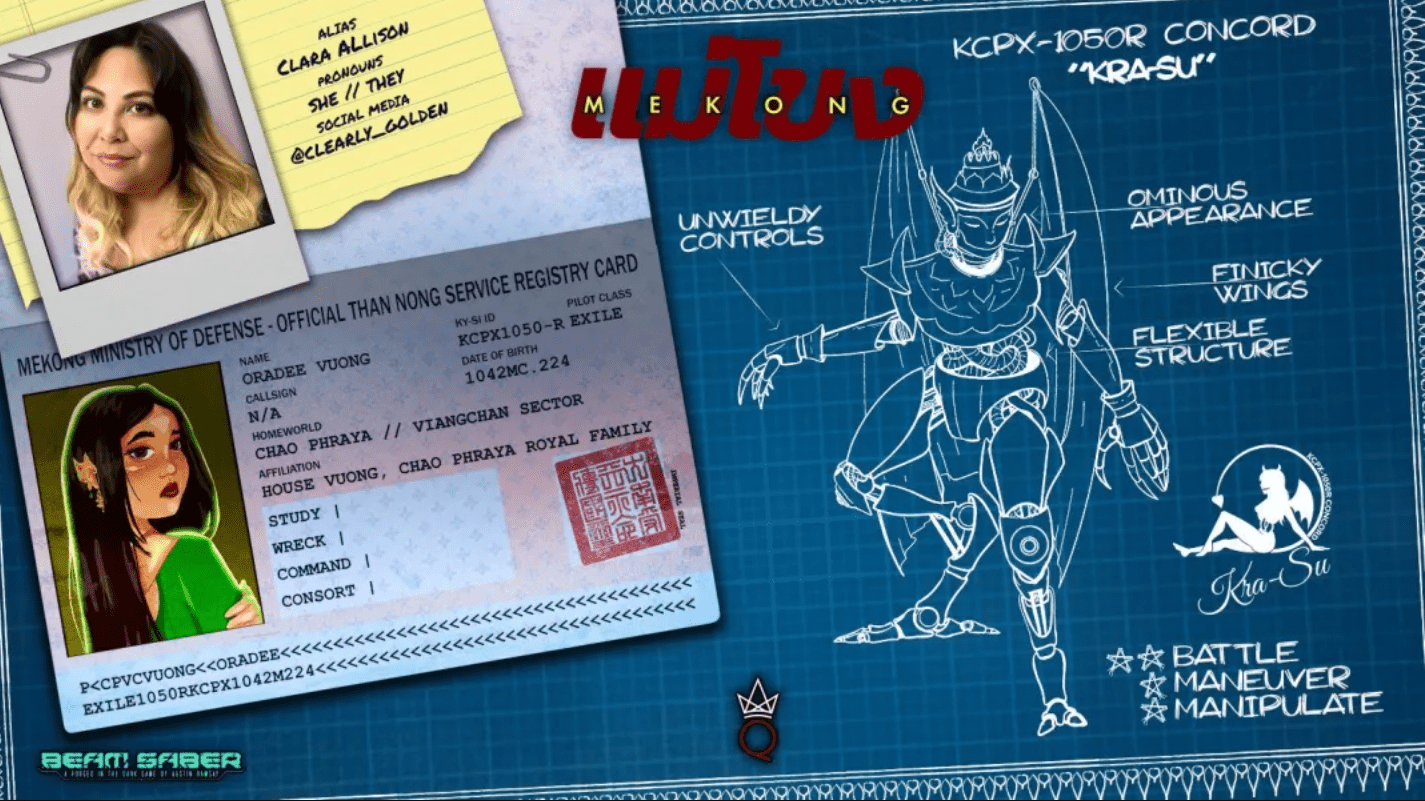 photo of clara, a black and blonde haired person on top of a passport with the character's information, and a sketch of their mecha and call sign in MEKONG