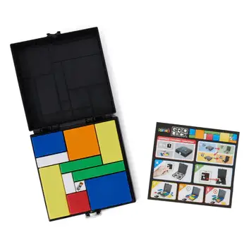a black case holding colored tiles next to the instructions for Rubik's Gridlock
