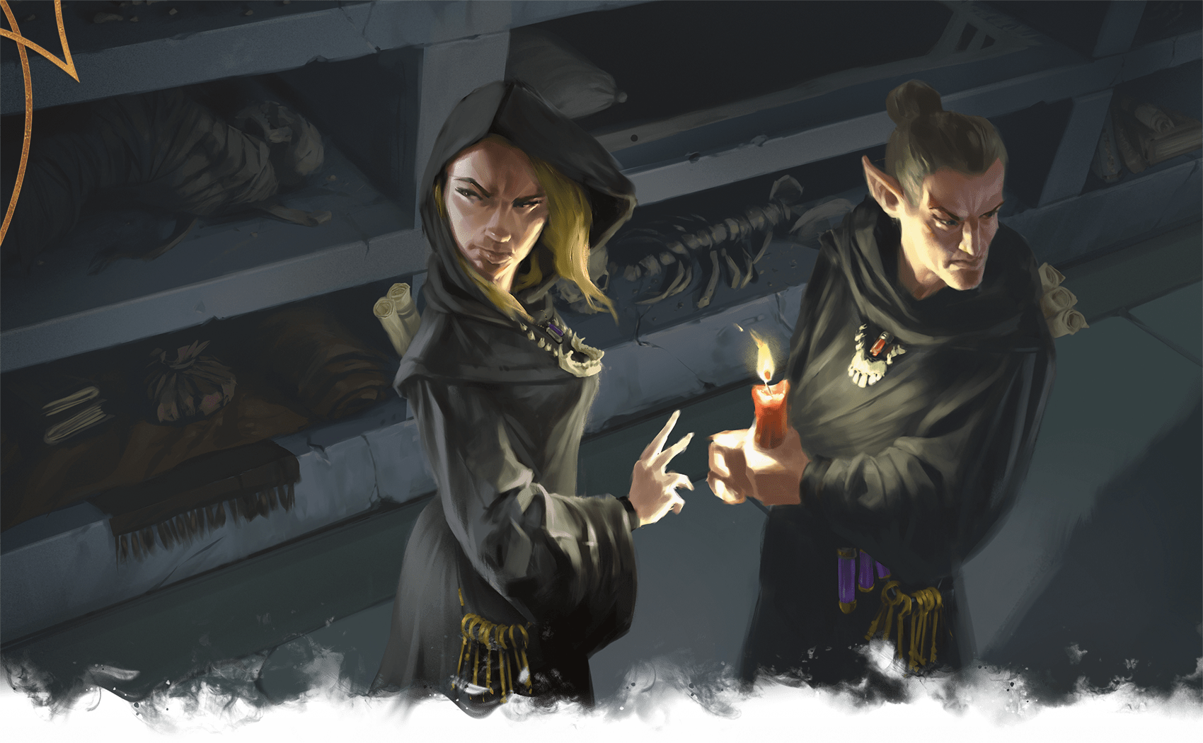 Vecnan cultists keep a repository of information and scrolls in a makeshift library in the catacombs