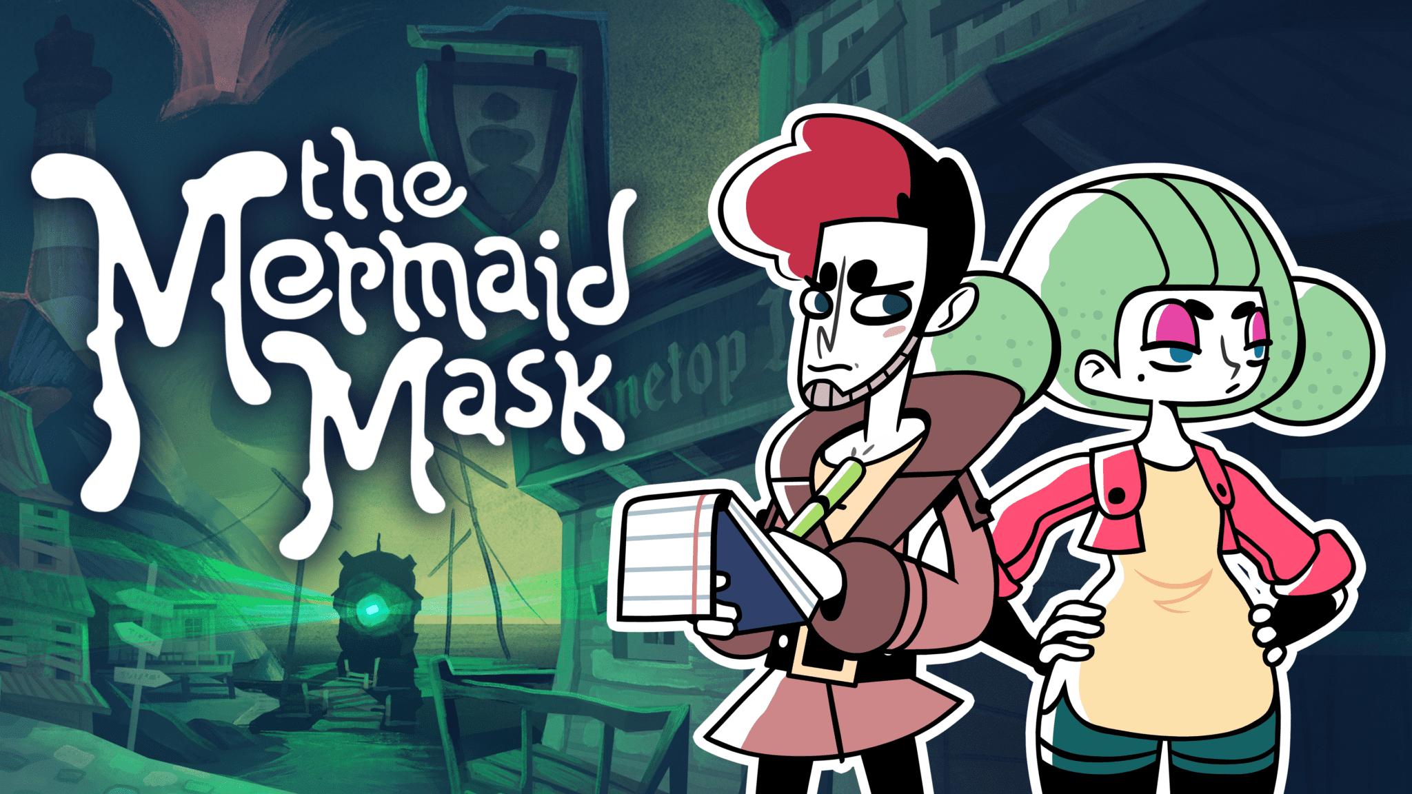 The Mermaid Mask, two colorfully drawn characters in front of a submarine with green light coming from it 