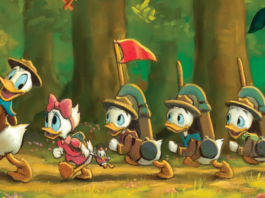 Close up of Donald Duck, his nephews and Webby