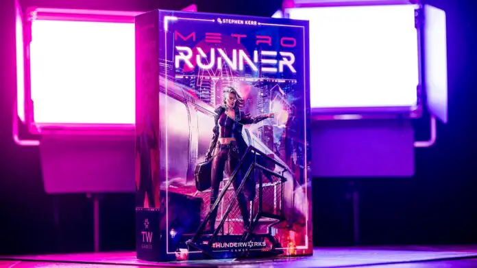 Metrorunner box in front of pink and purple lights