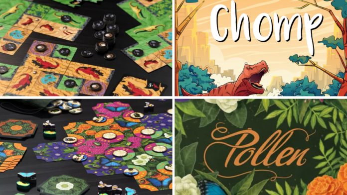 chomp and pollen game pieces and boxes