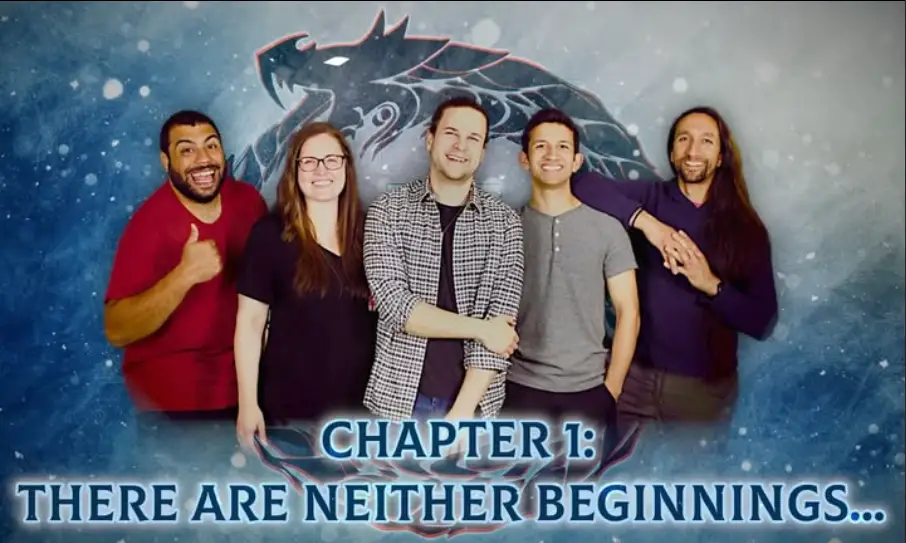 Who's Taking Watch: The Dragon's Might Weaves A Dramatic Pattern Perfect For Wheel Of Time Fans 2 Text: Chapter 1: There are Neither Beginnings... Five people in a line posing together and looking at the camera.