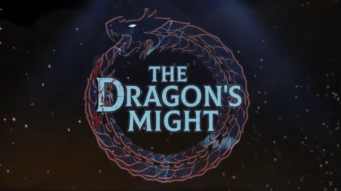 An image of an Ouroboros Dragon, meaning that the long snake-like dragon is eating its own tail, with "The Dragon's Might" title in the middle.