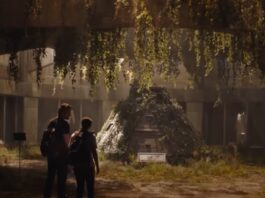 Ellie and Joel stand before a space shuttle in The Last of Us