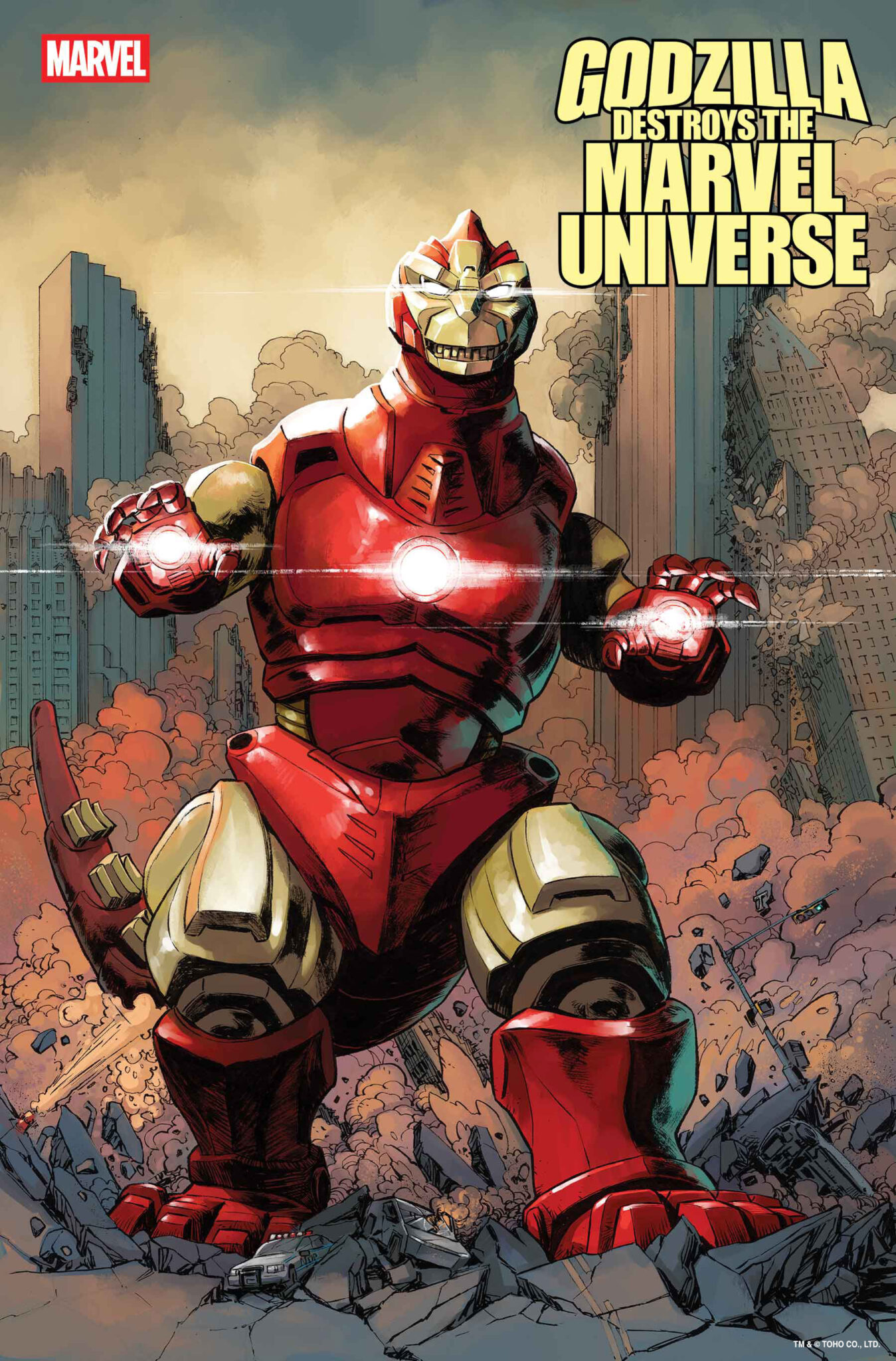 It's the Mutants Vs. The King Of The Monsters In Godzilla Destroys The Marvel Universe #3 3 Godzilla Destroys The Marvel Universe #3 Marvelized Iron Man-Zilla Variant Cover by DAVE WACHTER