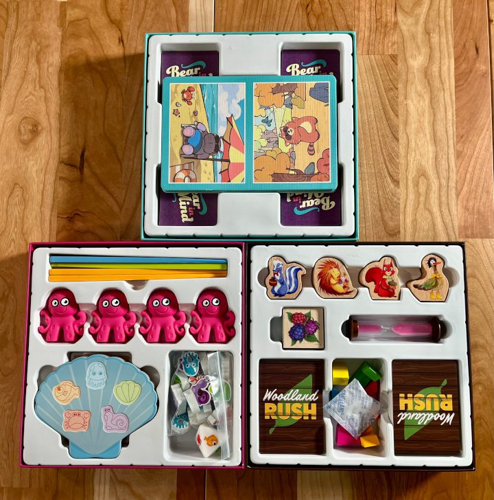 Chip Theory Is Now Publishing High Quality Kid Games - Versus Play Review 2 Chip Theory Kids - Versus Play - Bear in mind, Otto grab, and woodland rush components