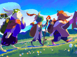 Image of a rabbit, a frog, and a mole wearing clothes and hiking up a mountain with blue sky in the background.