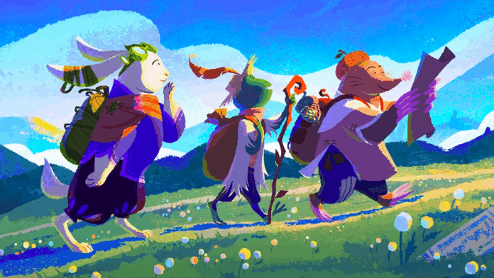 Image of a rabbit, a frog, and a mole wearing clothes and hiking up a mountain with blue sky in the background.