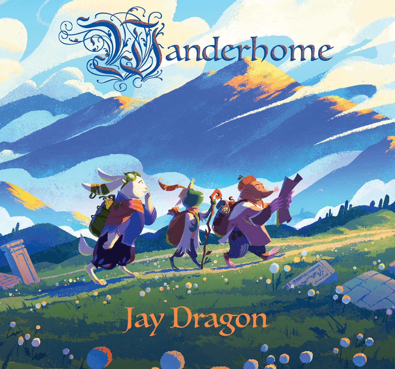 Wanderhome Is A Victory For Queer Hope 1 Cover of the softcover edition of the Wanderhome book. It features a rabbit, a frog, and a mole wearing clothes and walking up a mountain through a field of flowers with a blue sky and mountains in the background.