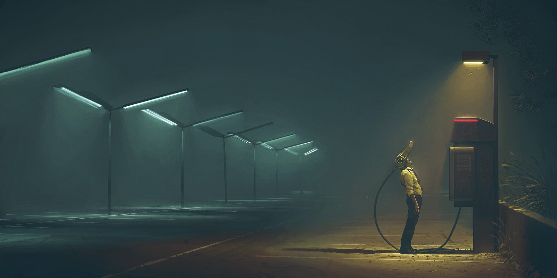 Operation Firewall Finds Community In The Electric State 1 Art from the Electric State novel by Simon Stålenhag. A man plugged into a device he wears on his head, appears to be in a trance.