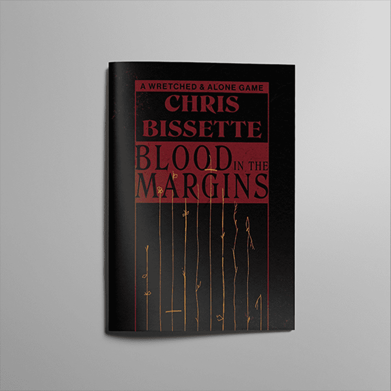 Murder And Magic: Chris Bissette Breaks Tradition With Dark Academia TTPRG Blood In The Margins 1 the game Blood In The Margins on a grey background. The book is black with red. The yellow aesthetic elements that resemble wilted flowers.