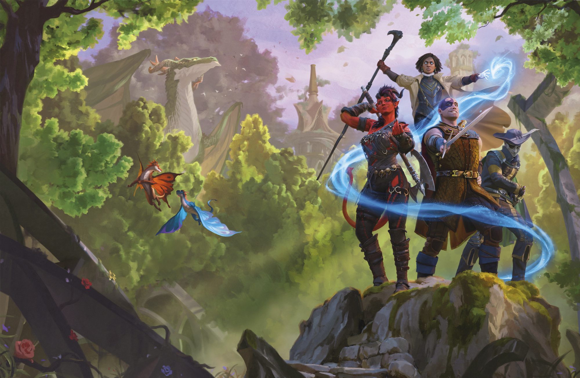Perennial Forgotten Realms heroes Karlach and Minsc (and Boo!) are prominently featured on the cover of Heroes of Faerun
