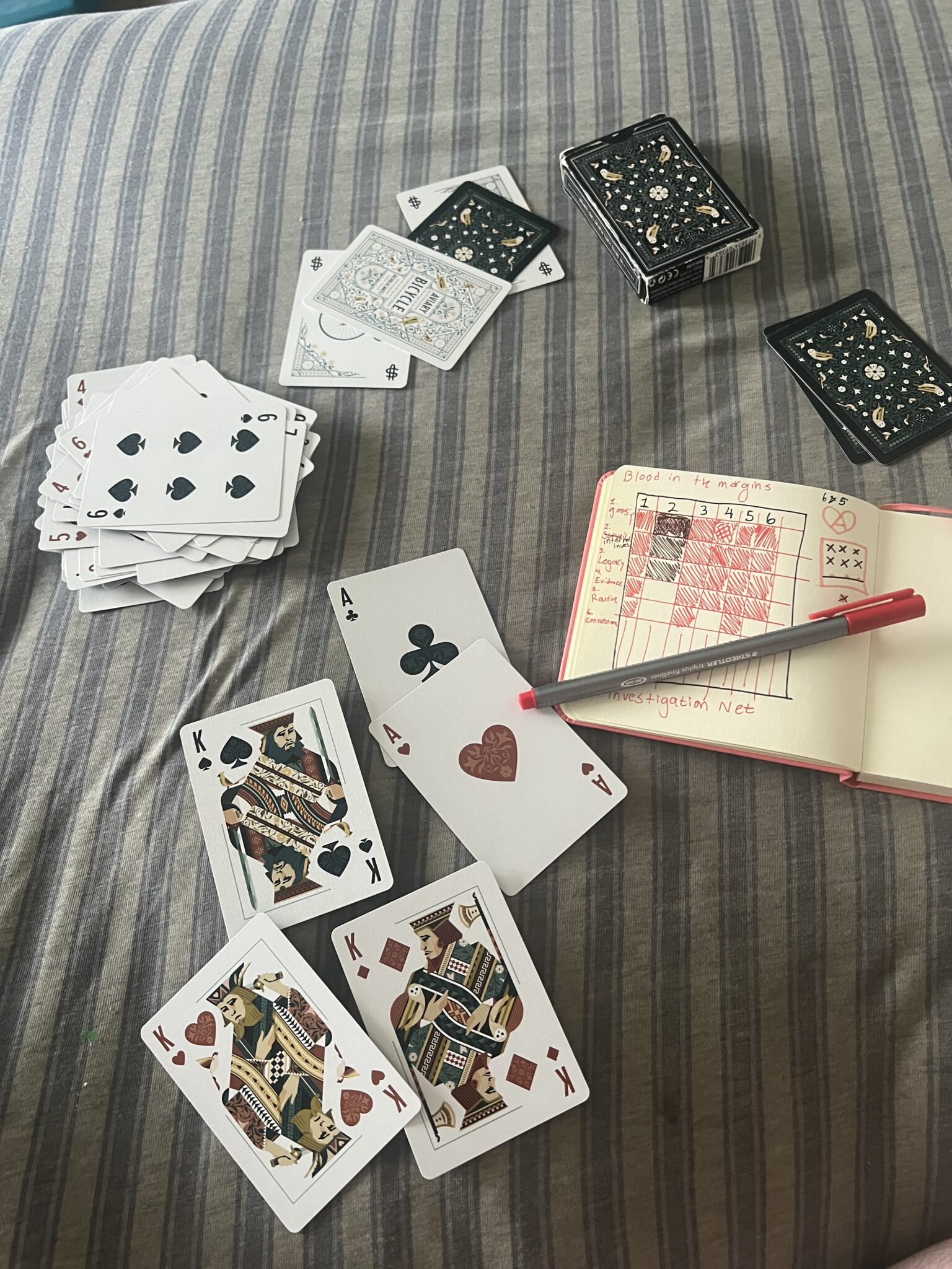 Murder And Magic: Chris Bissette Breaks Tradition With Dark Academia TTPRG Blood In The Margins 2 My playthrough supplies of Blood in the Margins. Playing cards are scattered on the bed with a journal open to the Investigation Net page.