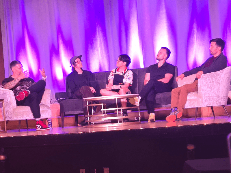 Part of the D&D Team ( l-r ,Sr. Mgr. Brand Publicity Blain Howard, Sr. Graphic Designer Matt Cole, Game Designer Makenzie De Armas, Managing Game Designer Justice Arman, Executive Producer Greg Bilsland) talks the latest in The Forgotten Realms