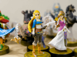 Nintendo amiibo toys of characters of Princess Zelda from The Legend of Zelda Breath of the Wild, Ocarina of Time, Windwaker, along with a Guardian and Urbosa