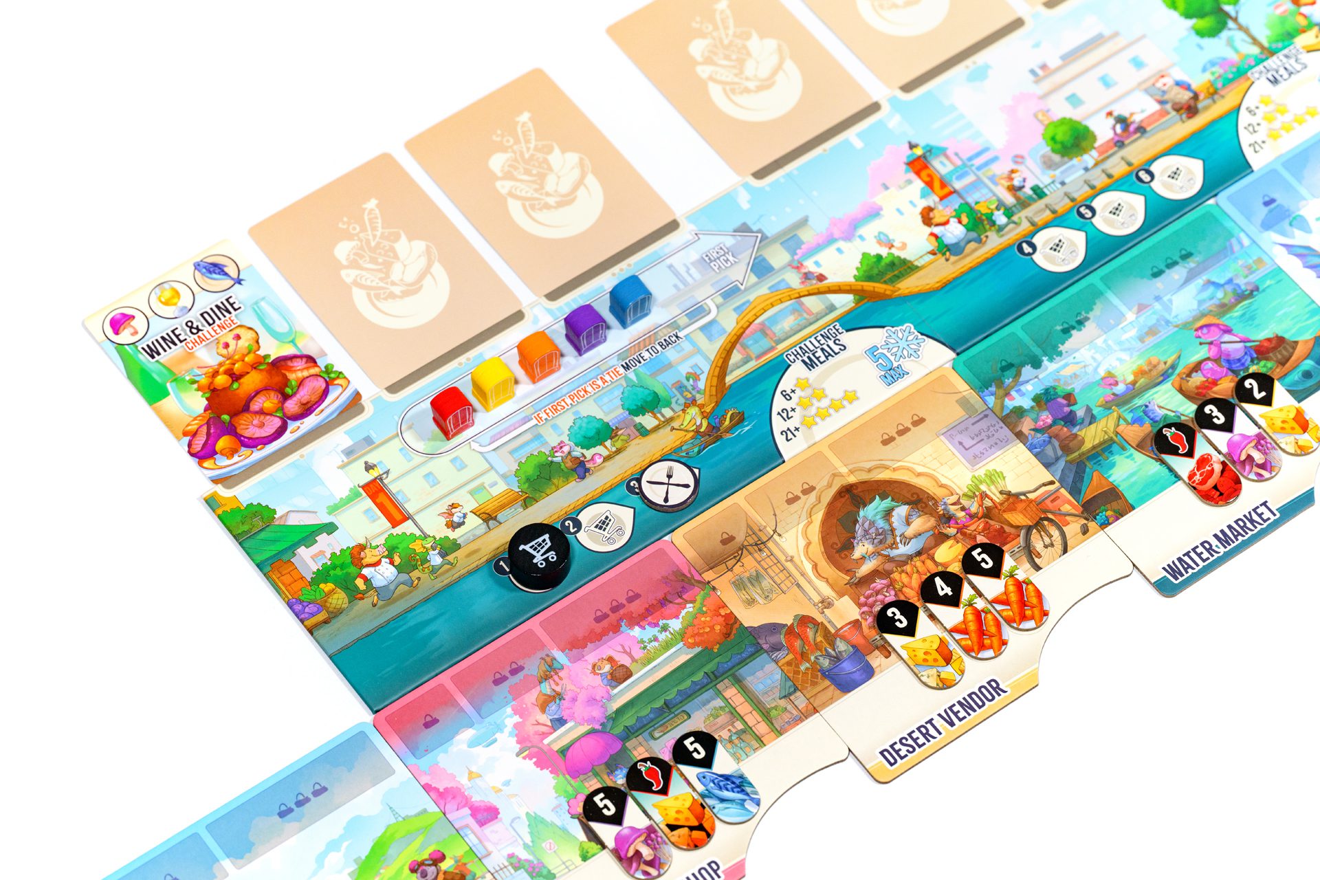 Close up of the waterfront board set up for the first round of the game, showing Desert Vendor and Water Market stalls as well as other game components.