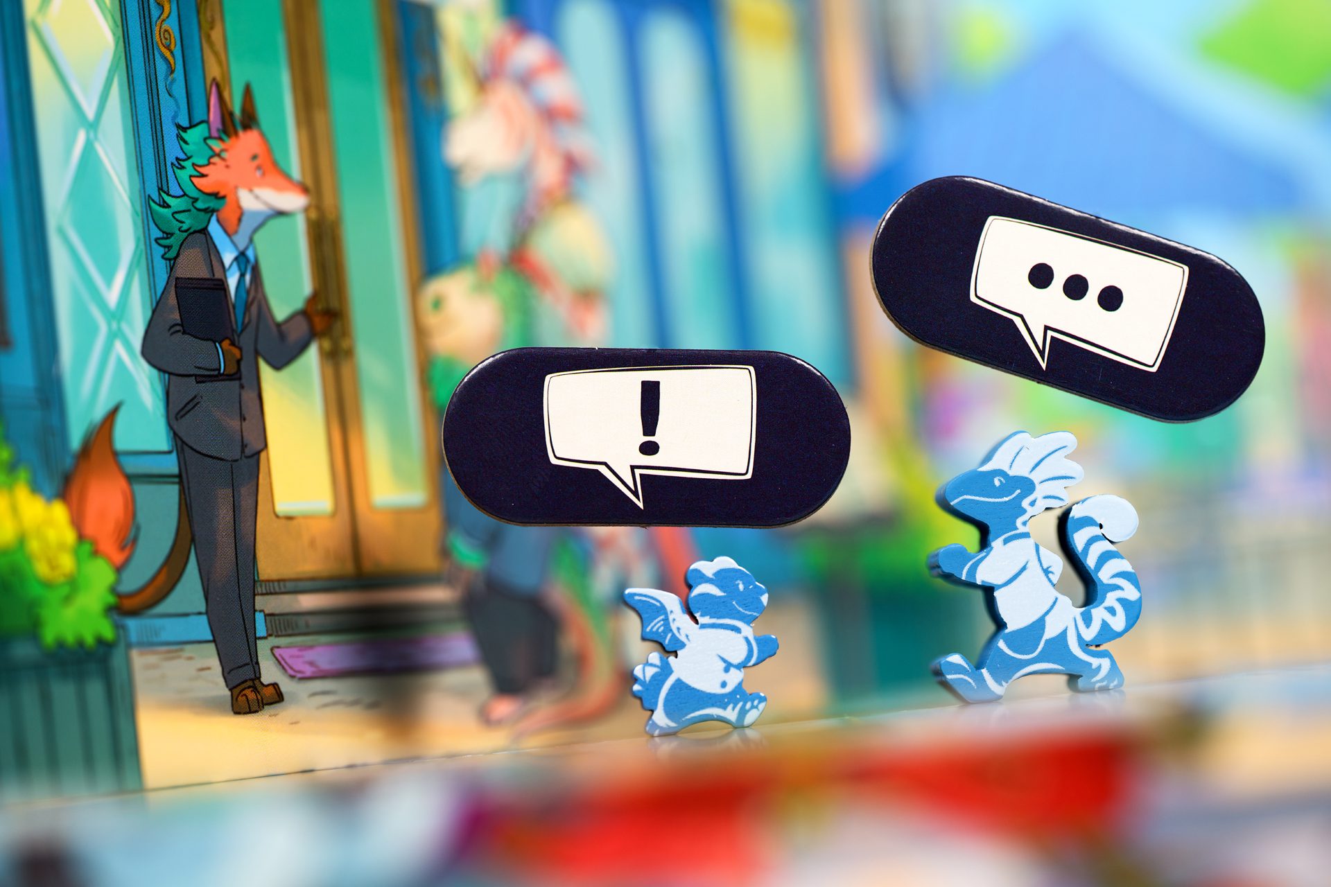 Two meeples against the background image of a restaurant. The mouse has an exclamation point speech bubble and the lizard has ellipses.