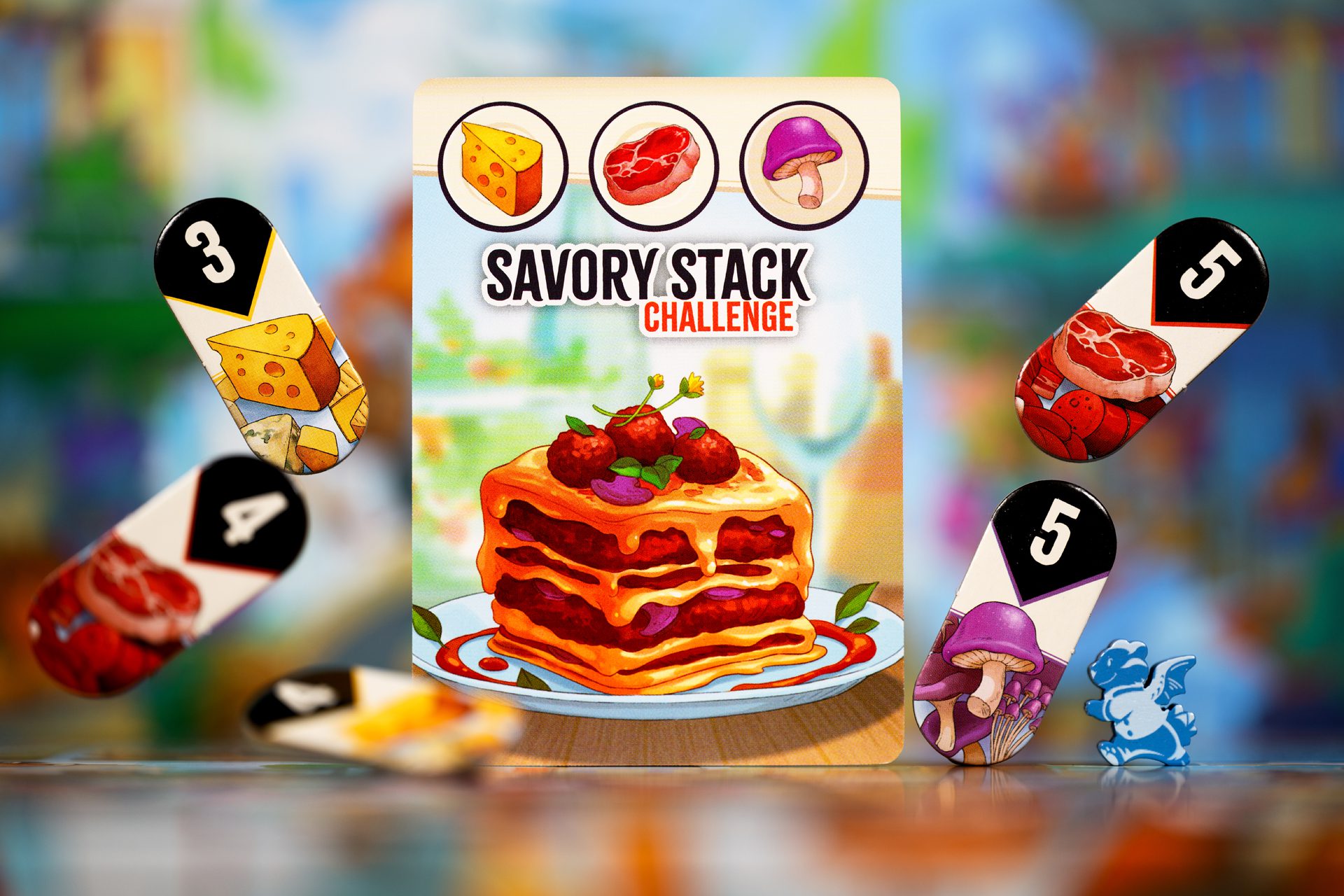 Image of the Savory Stack challenge alongside game components.