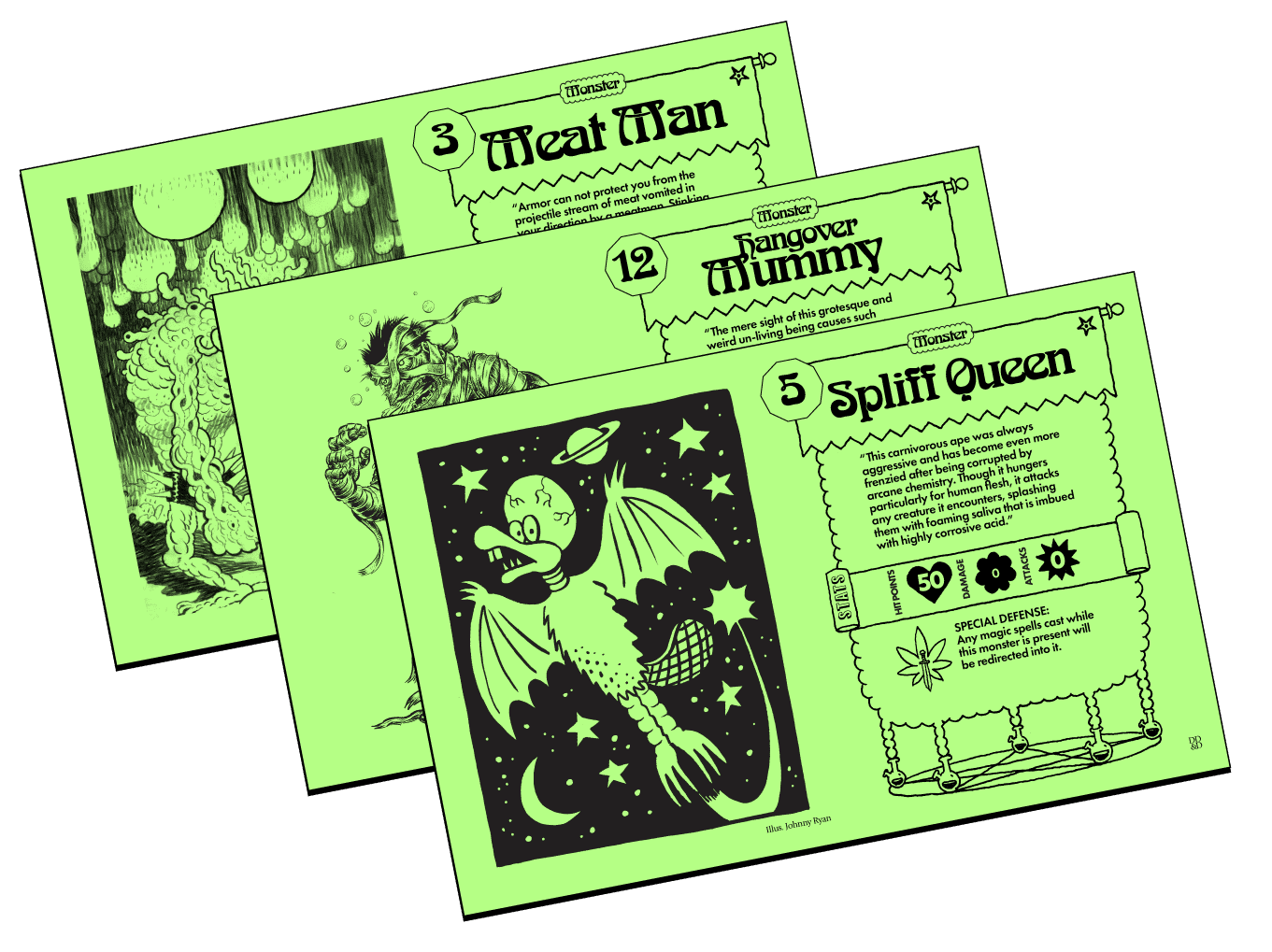 Drunkards, Druggies, And Delinquents Meat Man, Hangover Mummy, and Spliff Queen monster cards