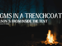 A campfire in a dark pine forest, title reads "5 GMs in a Trenchcoat, Season 5: From inside the Tent, Enjoy the sounds of summer"