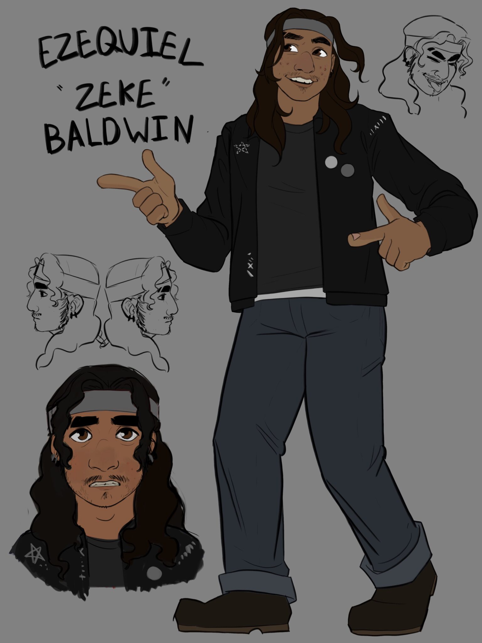 5 GMs in a Trenchcoat: From Inside the Tent upgrades Kids on Bikes to Teens in a Van 2 A Character portrait of a Latino young man with long hair, a headband, and rocker aesthetic, labeled as Ezequiel "Zeke" Baldwin