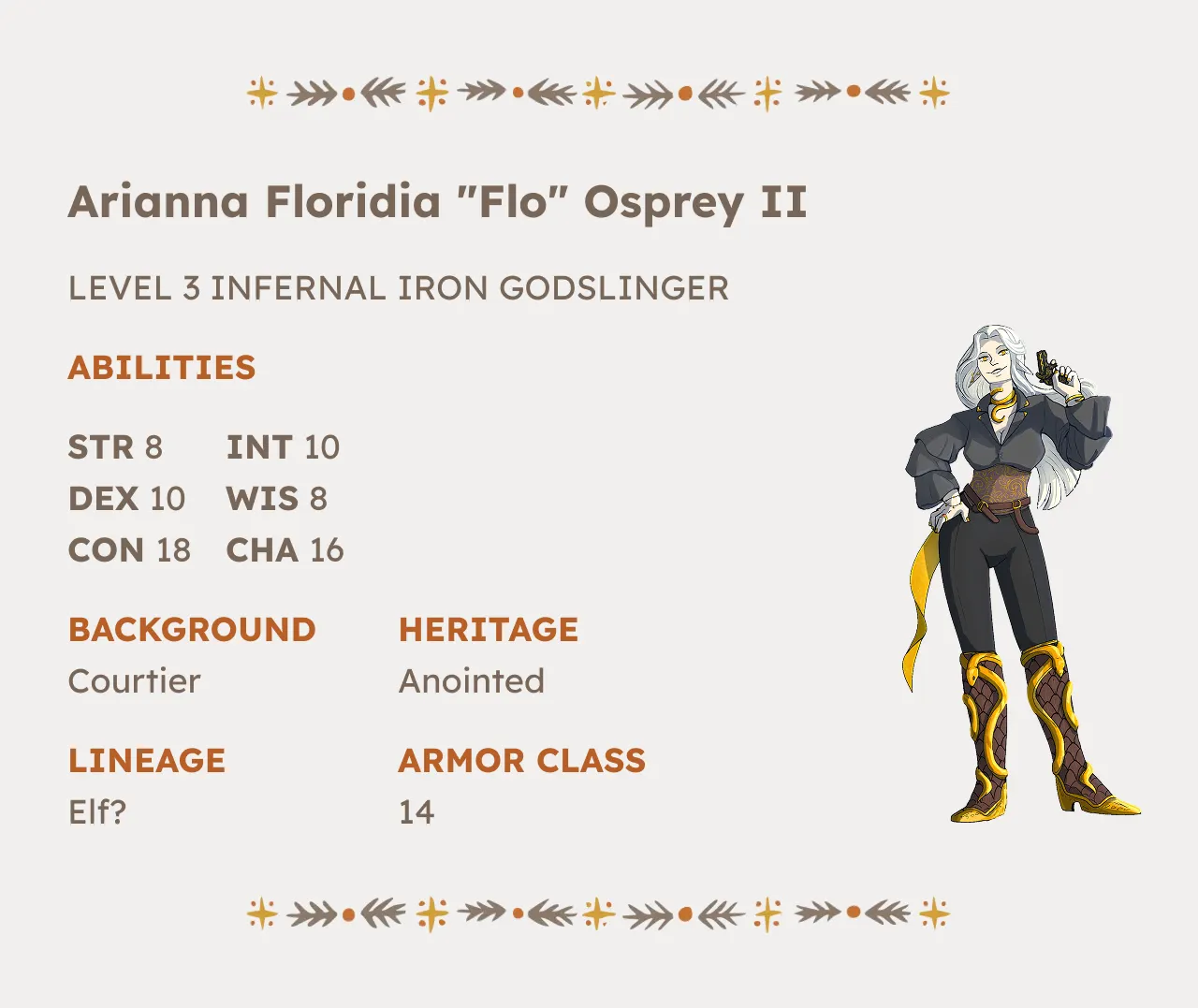 The Misfortunate 4 Asks "What if Delicious in Dungeon was yeehaw as hell?" 4 Character sheet for Arianna Floridia "Flo" Osprey the second Level 3 Infernal Iron Gunslinger Strength 8 Intelligence 10 Dexterity 10 Wisdom 8 Constitution 18 Charisma 16, Background Courtier, Heritage Anointed, Lineage Elf maybe, Armor Class 14 .