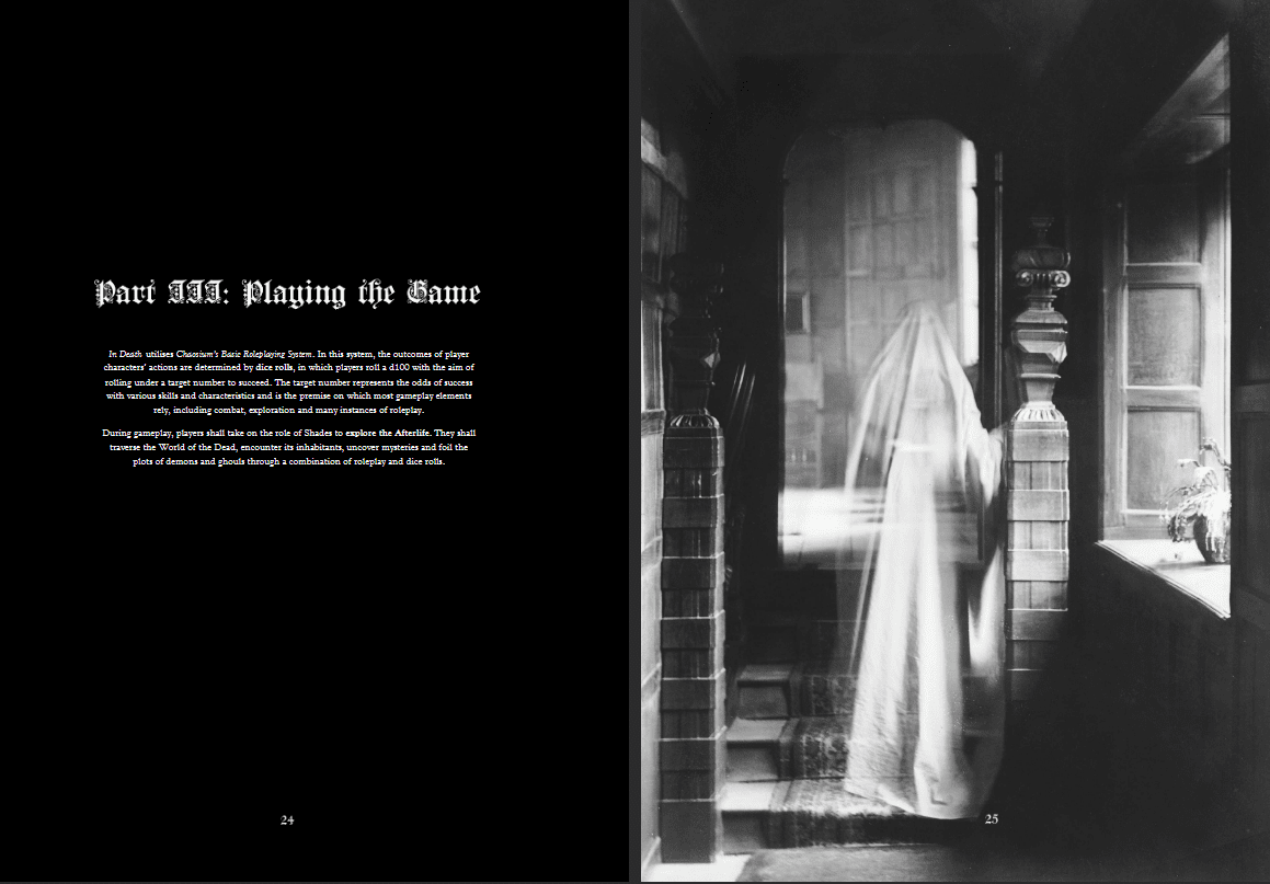 A spread from In Death. Left reads in white stylized text: Part III: Playing the Game. The right is a transparent, ghostly form of someone standing on stairs.