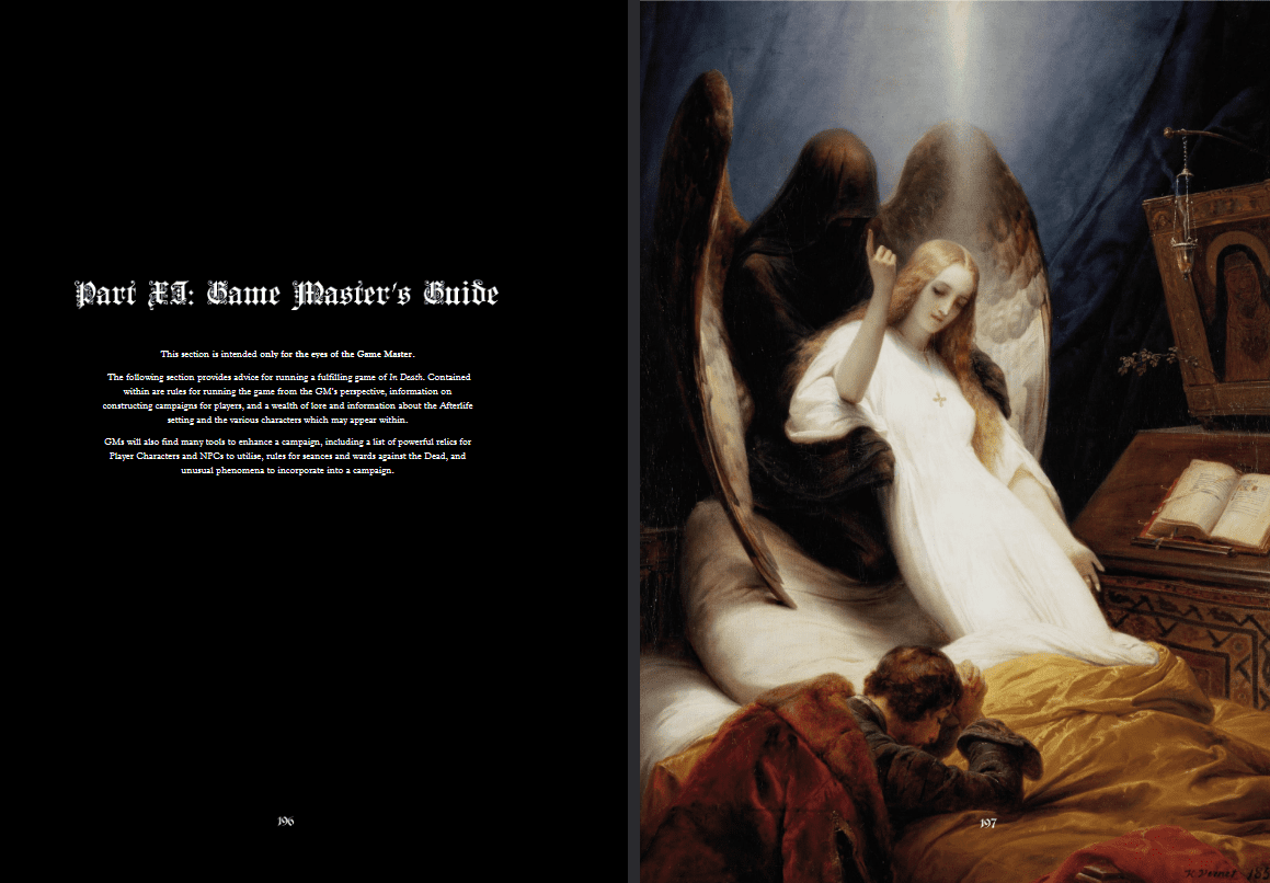 A spread from In Death. The left is a black page with large stylized white text that reads Part XI: Game Master's Guide. Right, a man at a bedside of a woman taken by an angel of death.