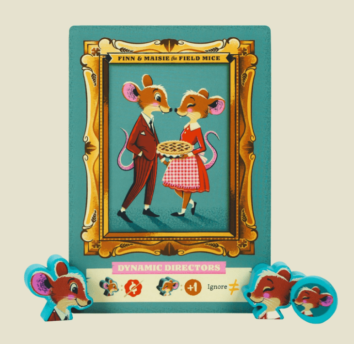 two mice in a suit and dress with apron on a card and their animeeples