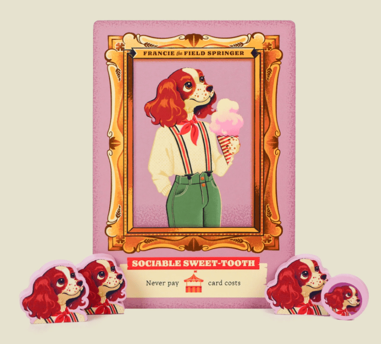 a dog with ice cream in her hand on a card next to animeeples