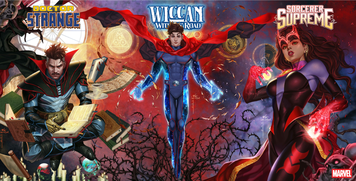 This December, Wanda Maximoff Will Take On A New Mantle: Sorcerer Supreme 1 connecting covers for Wiccan: Witches Road #1, Doctor Strange #1, and Sorcerer Supreme #1