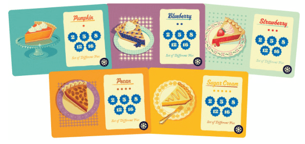 five cards with different pies on them showing the scoring 