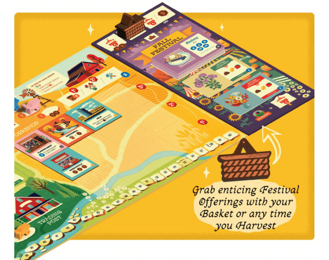 part of the harvest board next to the fall festival board and the sentence "grab enticing festival offerings with your basket or any time you harvest" under a basket