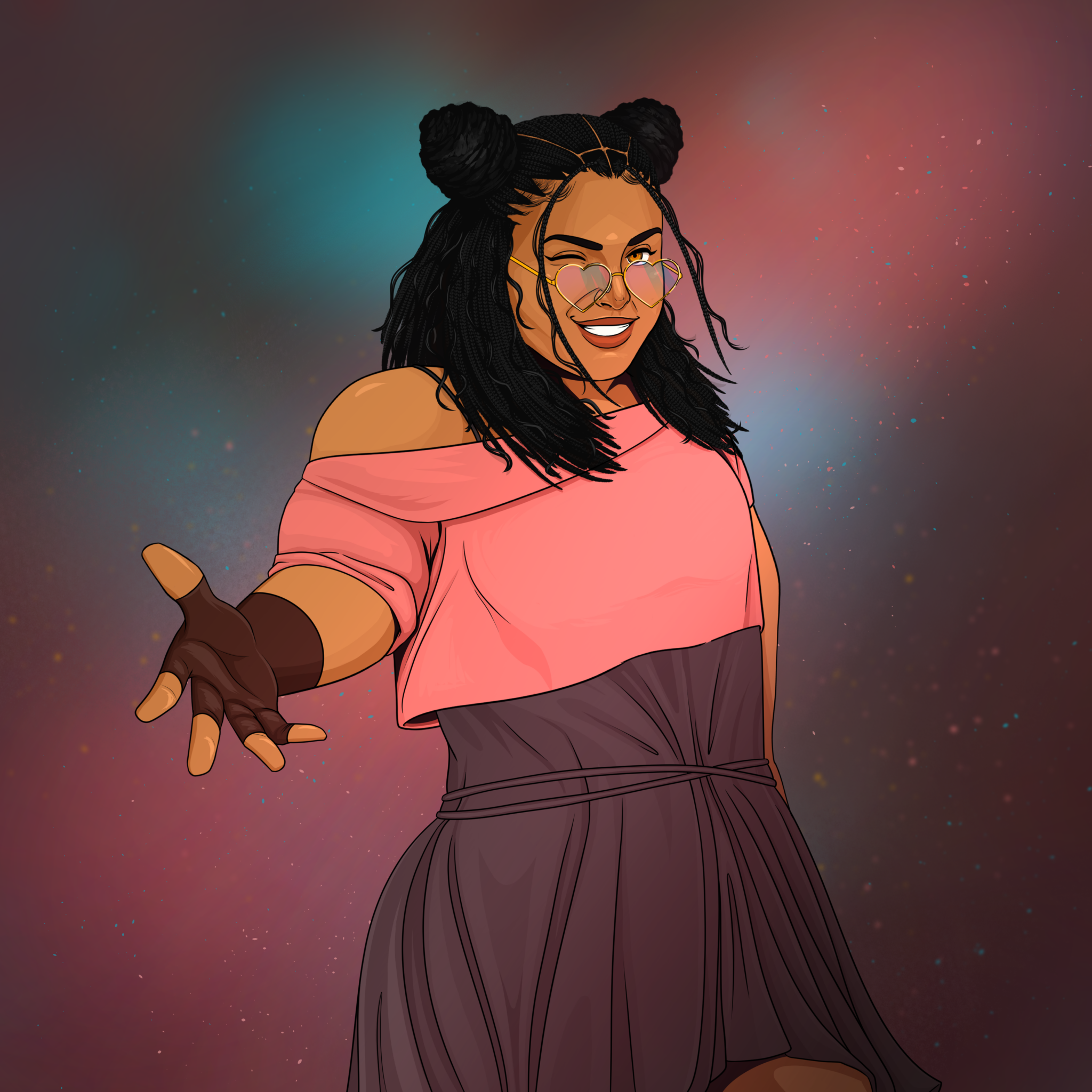 A black woman with her hair part way up in space buns, heart-shaped glasses, and fingerless gloves.