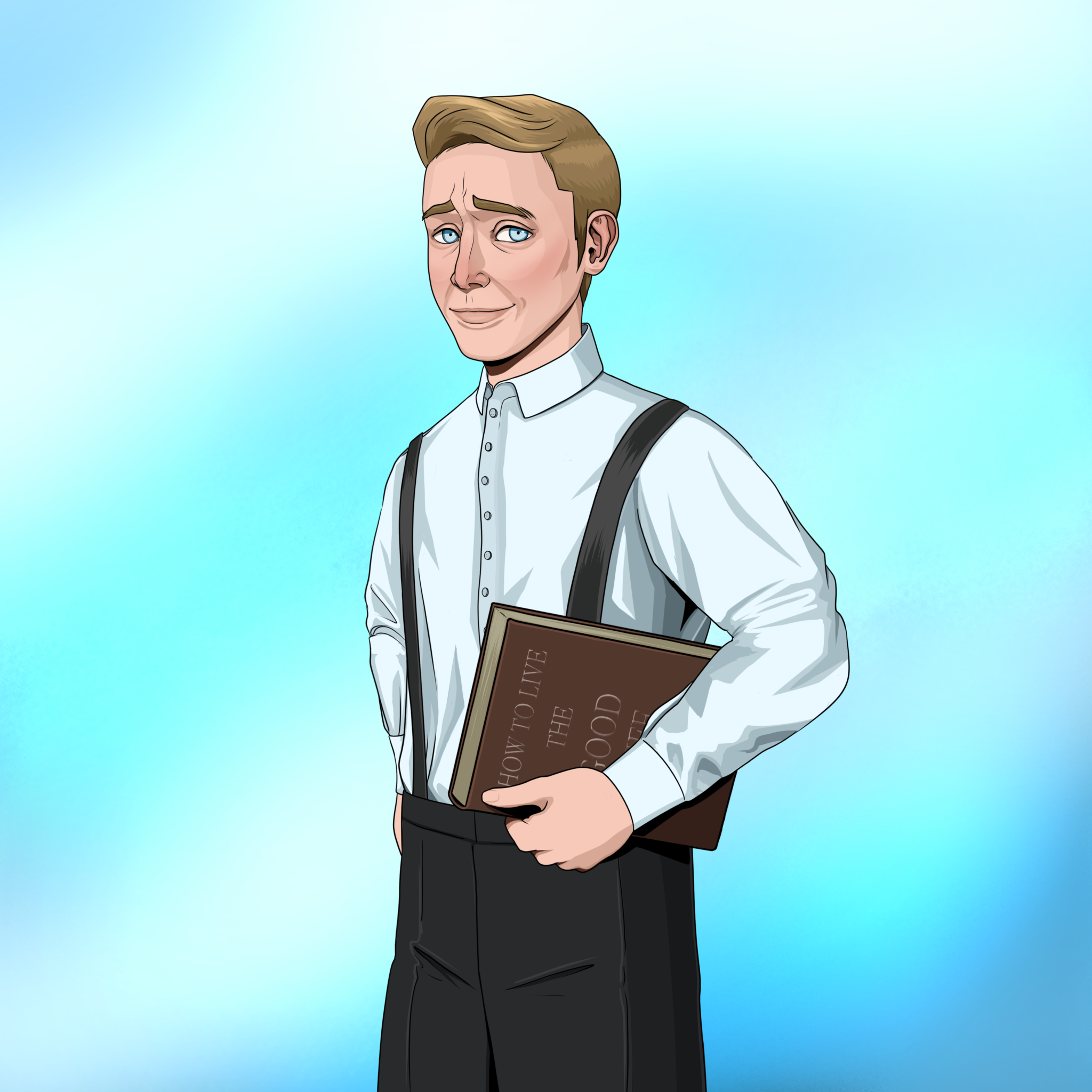 A blond hair blue-eyed man wearing a button-up shirt with suspenders holding a large book with the words "How to life the GOOD life" 