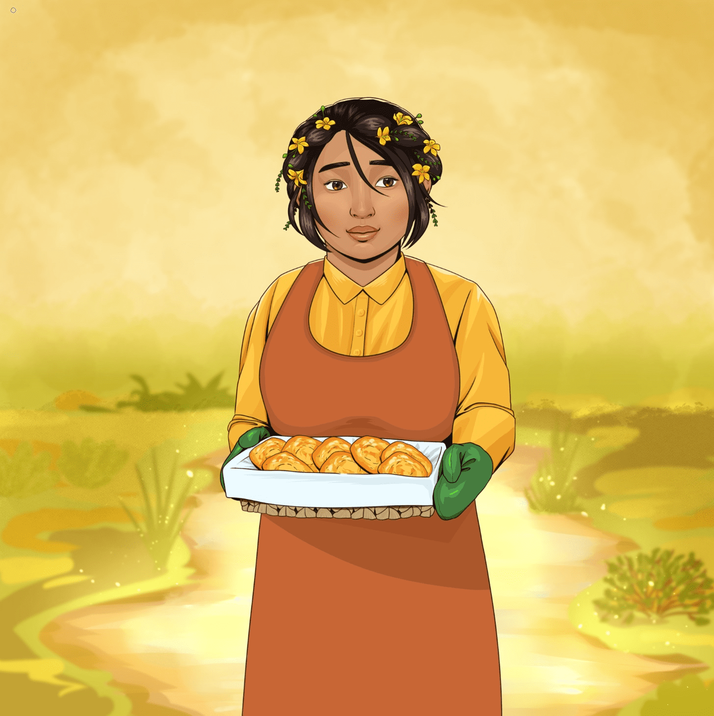A native woman with yellow flowers in her hair wearing a simple dress and is presenting a basket of pastries.