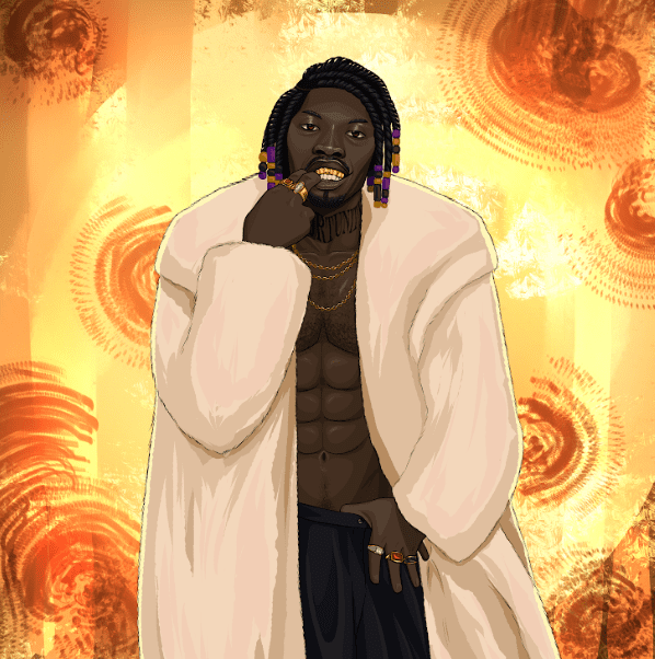 A black man wearing a fur coat and no shirt underneath, decorated in gold chains, beaded dreads, golden teeth and rings. 