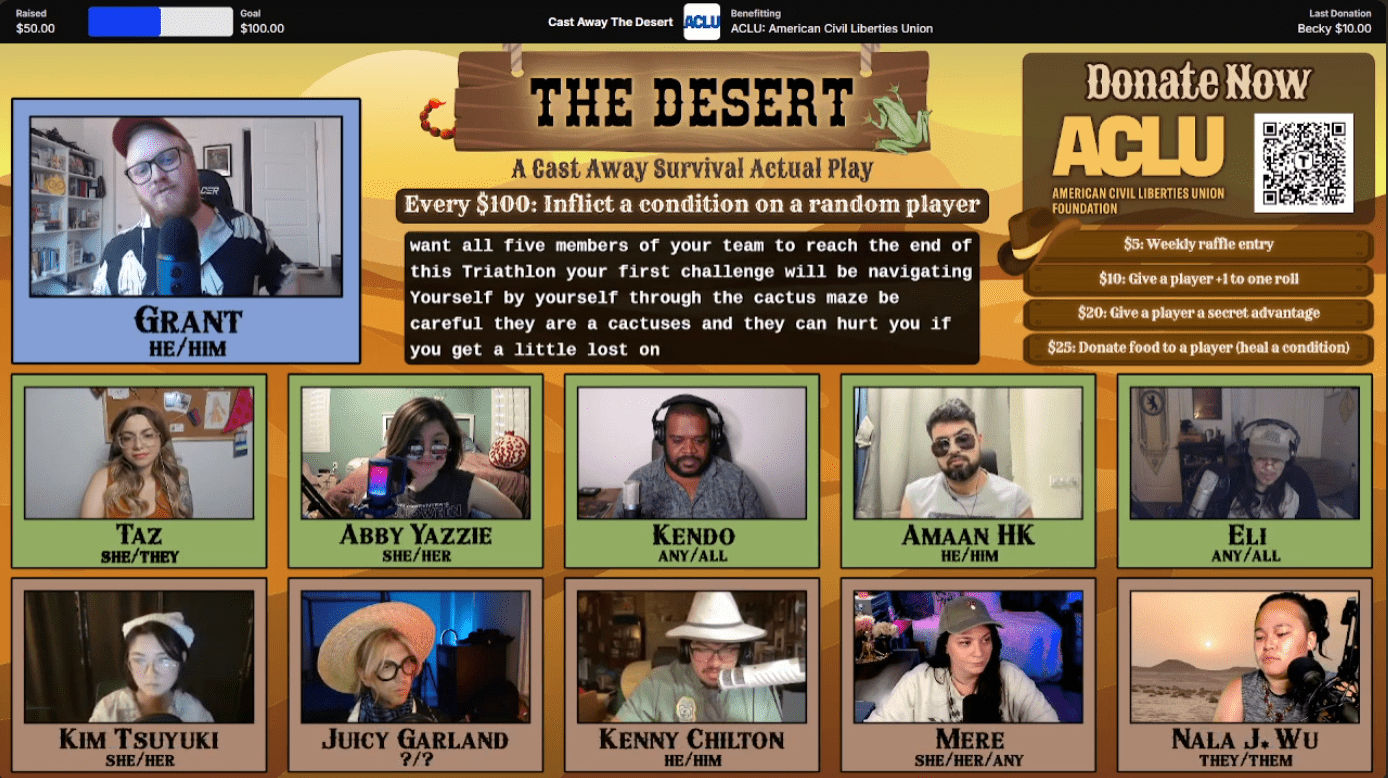Game Master Monday's Cast Away, a love child of Actual Play and reality competition TV 3 a screenshot of Castaway The Dessert live stream