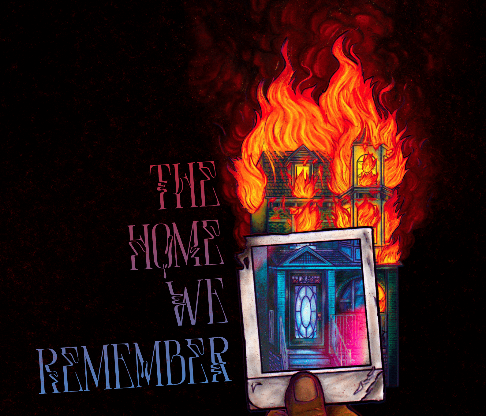 The cover of The Home Remember. It has a black to dimly lit background featuring a burning house with a person with brown skin holding a photograph of a door in front of the burning home. The photo invokes a sense of nostalgia.