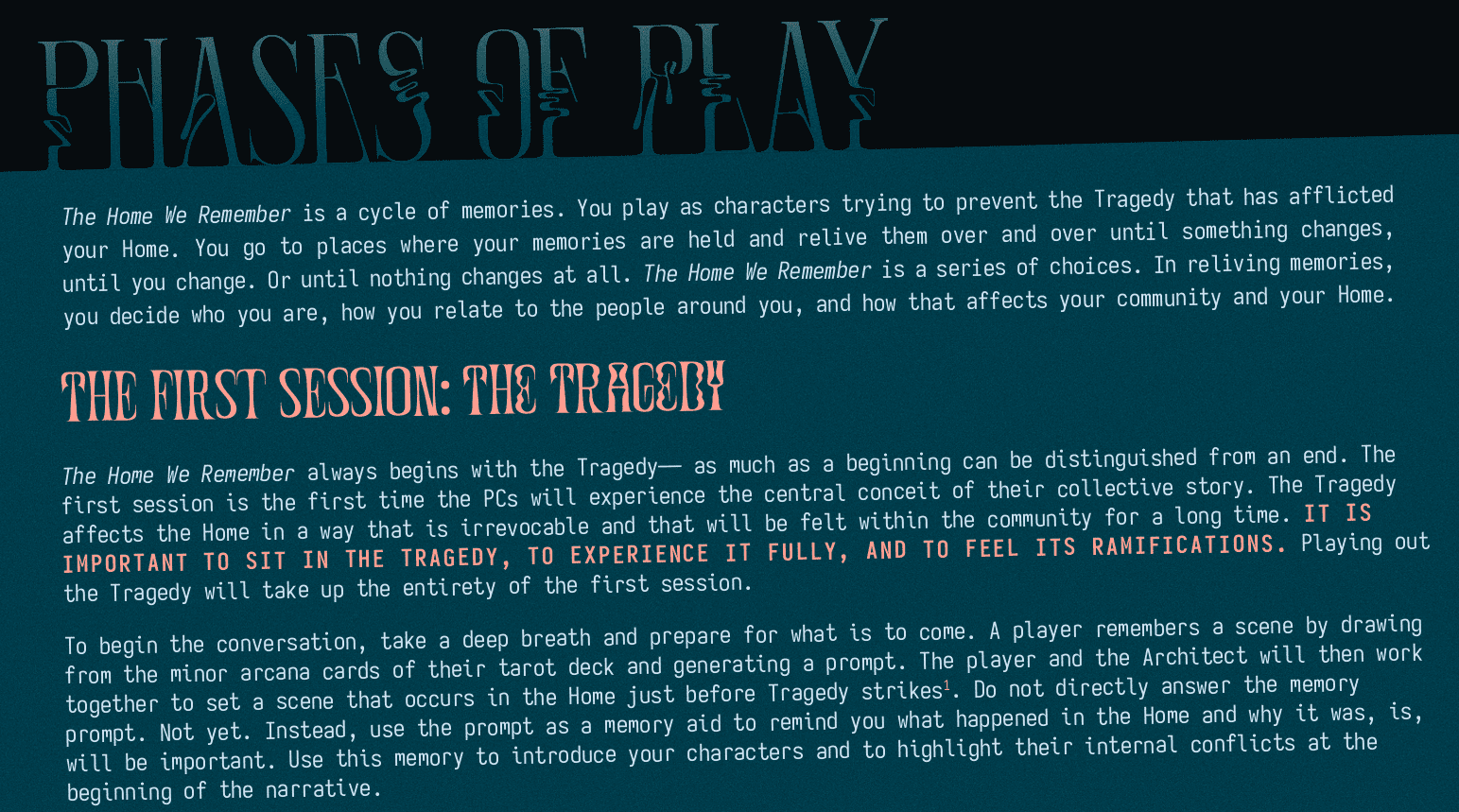 The Phases of Play page of The Home We Remember. The page is dark teal with light blue and some salmon pink text. 