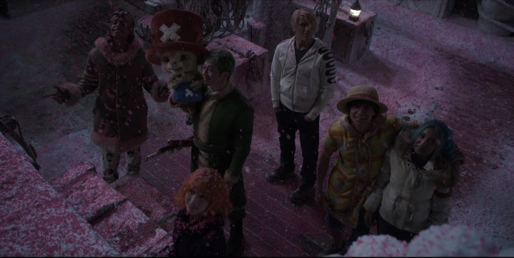 The Straw Hat Pirates standing on the deck of the Going Merry